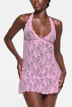 SKIMS Stretch Lace Halter Slip Chemise Dress Cotton Candy Pink Size XS thumbnail 1