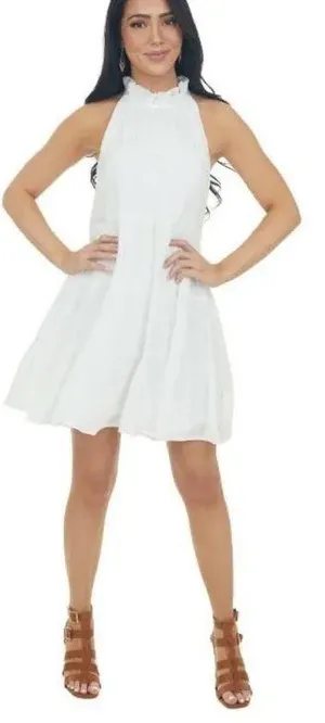 Halter Tiered Ruffle White Mini Dress thumbnail 1