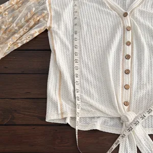 Miss Me Boho Waffle Knit Lace Bell Sleeve Tie Front Blouse Cream Size Large thumbnail 10