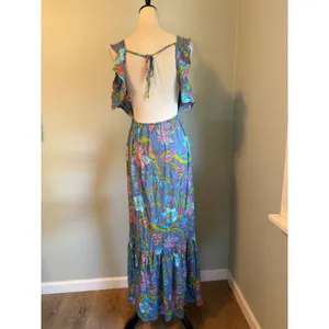 Tiare Hawaii Floral Maxi Dress Blue Pink Boho Open Button resort beach tropical thumbnail 4