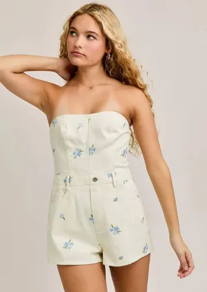 Le Lis Cream Floral Embroidered Smocked Strapless Romper Large thumbnail 1