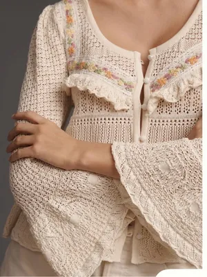 NWT Anthropologie Cream Crochet Knit Button-Front Sweater with Ruffle Trim thumbnail 2