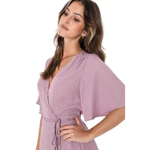 NEW Lulus Farah Pink Mauve V Neck Polka Dot Tie Flutter Sleeve Midi Wrap Dress M thumbnail 3