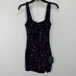 Lulus Seeing Sparkles Dark Purple Velvet Sequin Square Neck Mini Dress Small NWT thumbnail 5