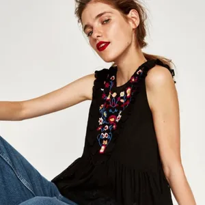 Zara Blouse Embroidered Boho Swiss Dot Sleeveless Ruffle Top Blouse Small‎ Black thumbnail 2