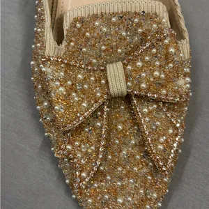 Toosili Footwear Women's Glittering Gold Bow Mules 8.5 pearls beads sparkle thumbnail 3