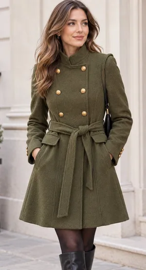 ZARA Olive Green Military Coat Gold Button Belted Preppy Academia Womens M thumbnail 1