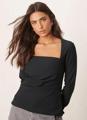 NWT Abercrombie and Fitch Women's Long Sleeve Ruched Square Neck Top Black‎ thumbnail 1