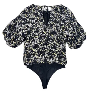 Free People Intimately‎ Bodysuit Floral Puff Sleeve Black Boho Top Womens S thumbnail 5