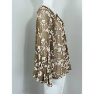 Y2k Sheer Mesh Floral Blouse Long Sleeve Embroidered Women XL Floral Cottagecore thumbnail 2