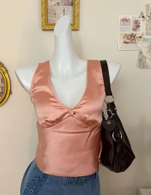 Wild Fable Satin Camisole Top Size xs Pink V-Neck Lace Trim Tie Back thumbnail 1