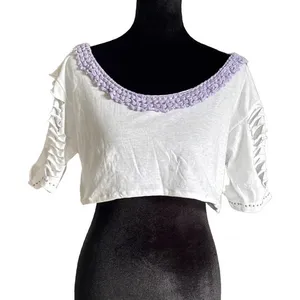 White Cropped Flirty T-Shirt Crochet Neck Trim Shredded Sleeves Festival Rave thumbnail 2