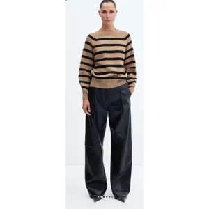 Mango MNG Striped Raglan Knit Sweater Camel Black Crew Neck Relaxed Fit XS thumbnail 4