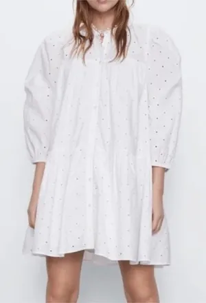ZARA Embroidered Eyelet Floral Cotton Mini button down Dress boho babydoll sz M thumbnail 1