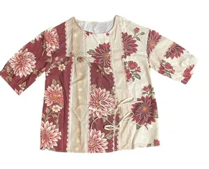 Womens‎ Floral Patchwork Boho Blouse Burgundy Cream Lace Print Side Tie Top thumbnail 1