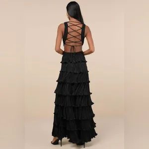 Lulus Beauty Icon Black Satin Pleated Tiered Lace-Up Maxi Dress thumbnail 2