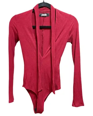 Reformation Burgundy Ribbed Long Sleeve Deep V-Neck‎ Bodysuit XS Made in USA thumbnail 1