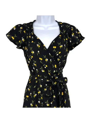 Dollz & Dames Cherry Sweetheart Wrap Dress Black Yellow Size XS Retro Pin-up thumbnail 2