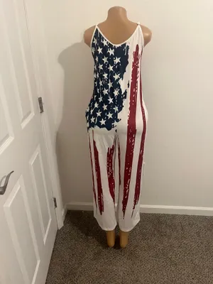 Show your style with this vibrant patriotic jumpsuit, featuring bold red, white, and blue colors. Perfect for any casual outing. thumbnail 4