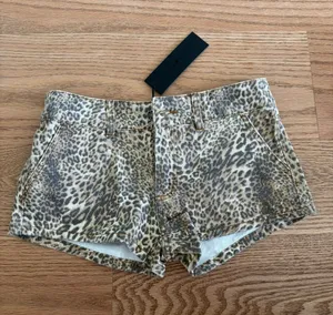 Lioness Leopard Print Denim Shorts in Tan and Brown thumbnail 1