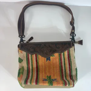 Myra handmade tooled bag leather & cotton carve detachable strap thumbnail 10