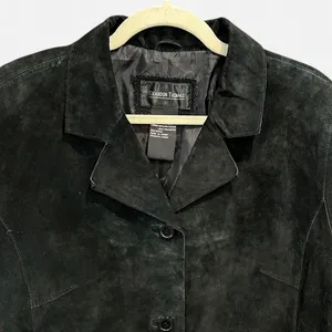 Y2K Black Suede Leather Jacket Oversized French Chic XL thumbnail 7