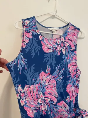 LILLY PULITZER Bryson Sleeveless Dress Multi for the Fans Blue Pink Faux Wrap L thumbnail 7