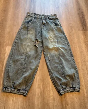 Acid Wash Wide Leg Barrel Jeans Distressed Balloon Denim Light Blue Streetwear thumbnail 1