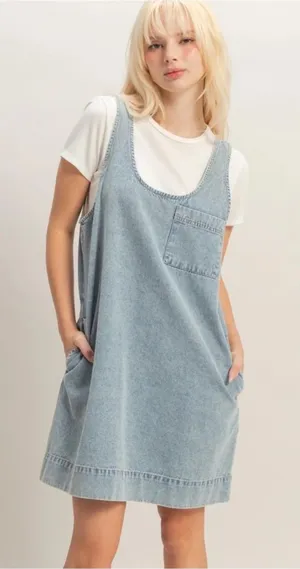 NWT Double Zero Light Blue Denim Mini Shift Dress size Small thumbnail 1