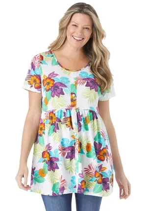 Woman Within Plus Size 34/36W Top‎ 4X Floral Babydoll White Tropical Pockets 105 thumbnail 1