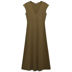 Mango V-Neck Cotton Dress Khaki Green NWT Size 2/XS thumbnail 3