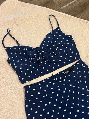 Nasty Gal Navy & White Polka Dot Wide-Leg Jumpsuit Set thumbnail 2