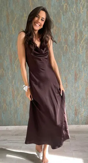 Zara Elegant Brown Sleeveless maxi stin effect Dress holiday party cocktail thumbnail 1