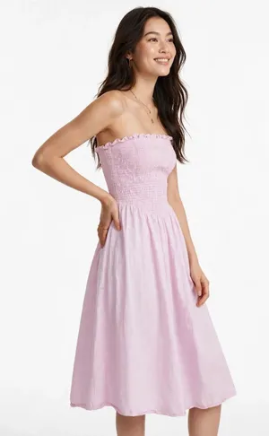 GLAMOROUS Pink Smocked Strapless Midi Dress Cottagecore Romantic Summer 6 thumbnail 1