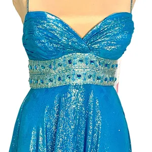 Dazzling Metallic Blue Silk Gown Flowy Prom 0 Hoco Glam Pageant Jeweled Hi-Low thumbnail 3