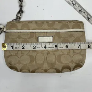 Coach Small Wristlet Signature Jacquard Monogram Khaki Tan White Patent Leather thumbnail 11