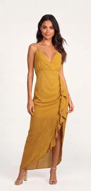 Lulus Mustard Yellow Ruffled Wrap Midi Dress NWT Small Wedding Guest Formal thumbnail 1