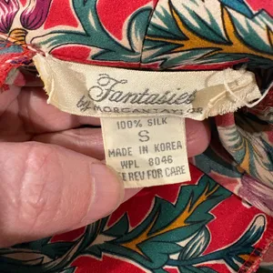 Fantasies by Morgan Taylor vintage silk floral short robe red sz S thumbnail 4