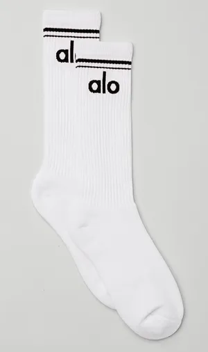 ALO Yoga - Unisex Throwback Crew Socks in White w/Black Logo thumbnail 1