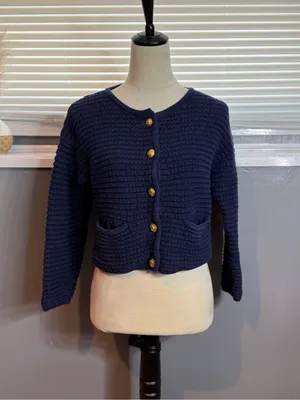 GAP Navy Gold Button Cropped Cardigan Sweater Small 100% Cotton thumbnail 3