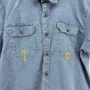 Wrangler Denim Short Sleeve Embroidered Button Down Shirt Blue‎ Women L Raw Hem thumbnail 2