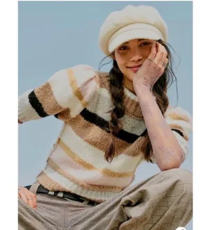 Free People Foxy Stripe Wool Blend Cropped Puff Sleeve Sweater Cream Brown XS thumbnail 1