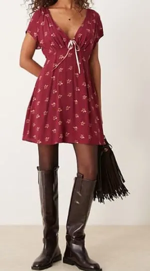 Free People Women Size Large Floral Boho Tie-Detail Mini Tea‎ Dress Earth Red thumbnail 1