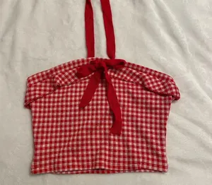 Cottagecore Farmhouse Babydoll Summer Red White Plaid Halter Ribbon Crop Top thumbnail 2