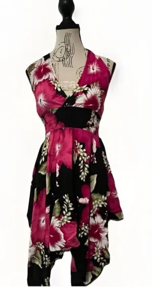 Advance Brand Y2K Hibiscus Tropical Floral Halter Dress Black Pink High Low Hem thumbnail 1