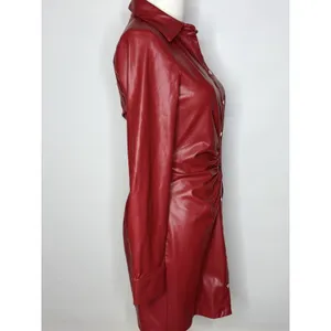 Zara Womens Faux Leather Ruched Mini Shirt Dress Red Long Sleeve XS thumbnail 4