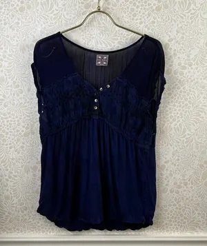 Free People Vintage Navy Embellished Cap Sleeve Top - Size - Large thumbnail 1