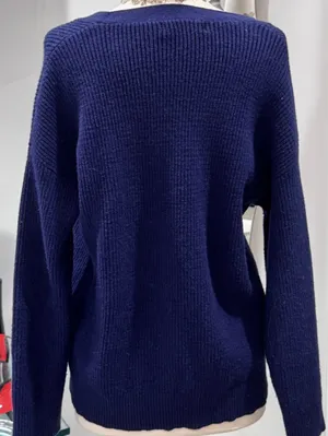 MEROKEETY Classic Navy Ribbed V-Neck Cardigan thumbnail 3