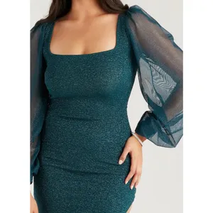 WINDSOR Teal Green Make It Shimmer Glitter Asymmetric Sheer Midi Dress Small thumbnail 4
