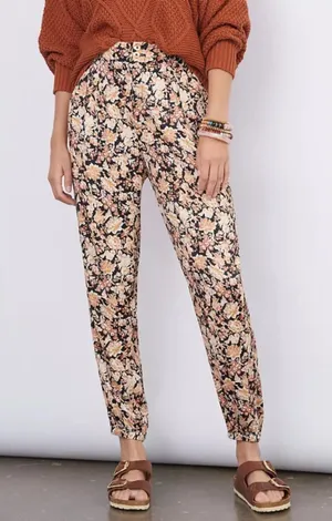Anthropologie Floral Tapered Pants Womens 4 Black Orange Ankle Zip Boho Casual thumbnail 1